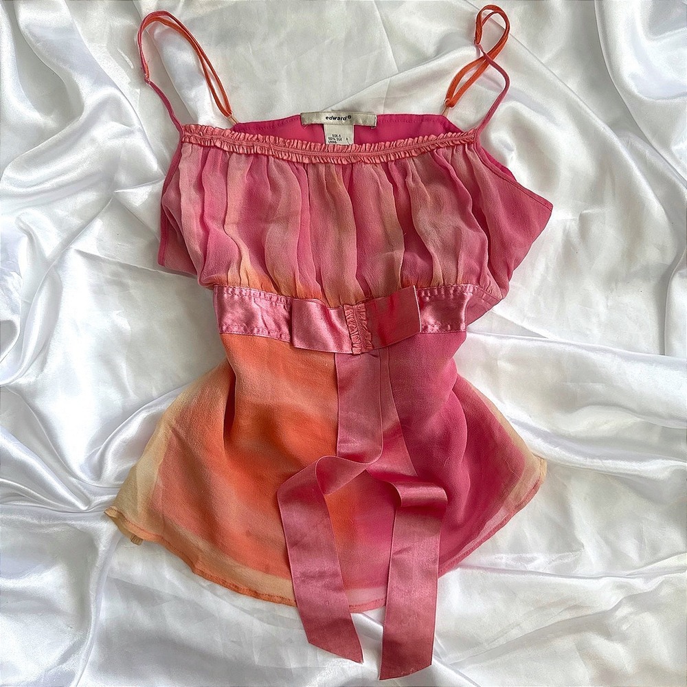 Edward Silk Camisole Top Pink Orange Ombre Watercolor Bow Y2K Small